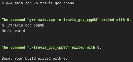 Travis CI build log of the C++98 Hello World program